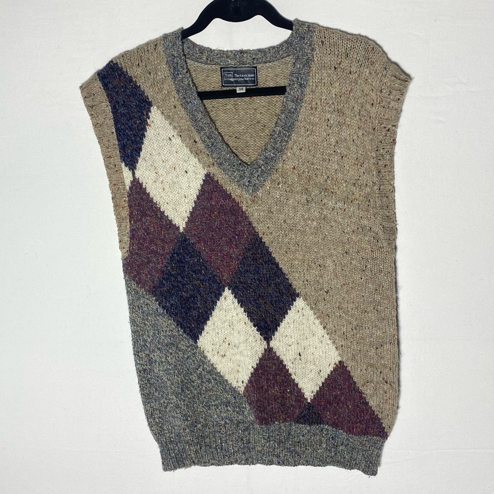 Vintage Sears The Men’s Store Tan Grey Burgundy Argyle Sweater Vest S - Picture 15 of 15